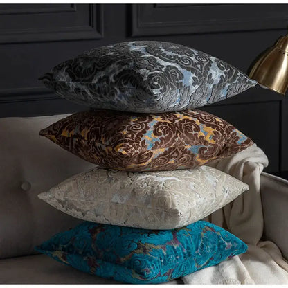 Stacked baroque beige and silver damask cut velvet cushion covers in gray-blue brown-gold cream and teal for living room decorbites damask cut velvet