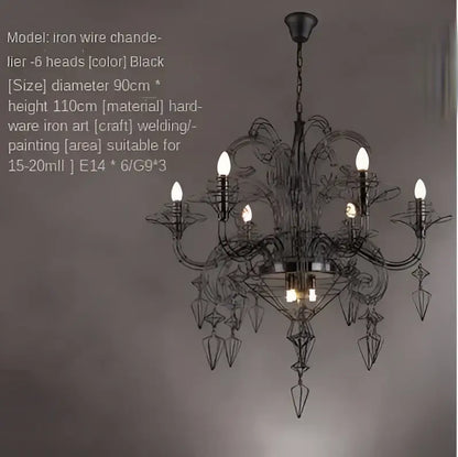 Baroque black candle chandelier with six iron wire arms and crystal accents for elegant living room decorbites baroque black design