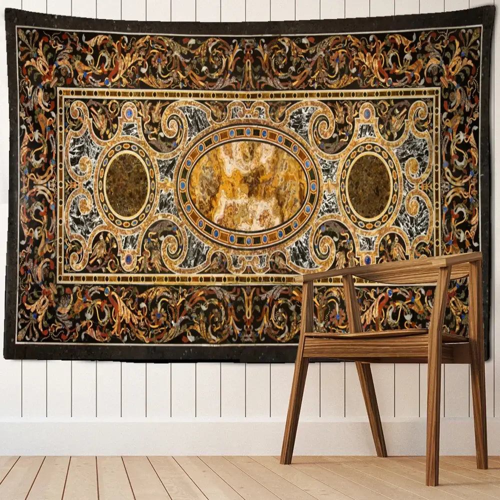 Ornate black and gold baroque style astrology tapestry wall hanging for bedroom decor with intricate bohemian style patterns