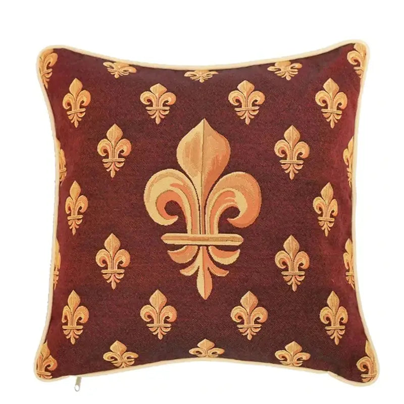 Square pillow cover in burgundy velvet with gold embroidered fleur-de-lis decorbites baroque crown jacquard design