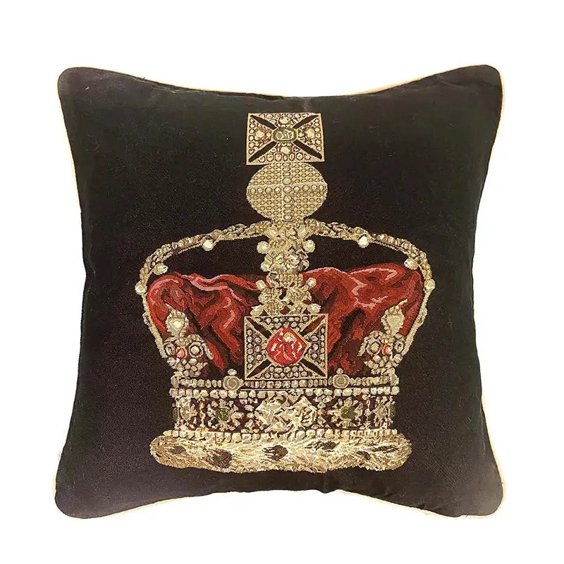 Black velvet pillow cover with embroidered baroque crown jacquard featuring red velvet accents for living room decorbites decor
