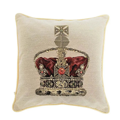 Beige velvet pillow cover featuring an embroidered baroque crown with red velvet accents and gemstone details decorbites baroque crown