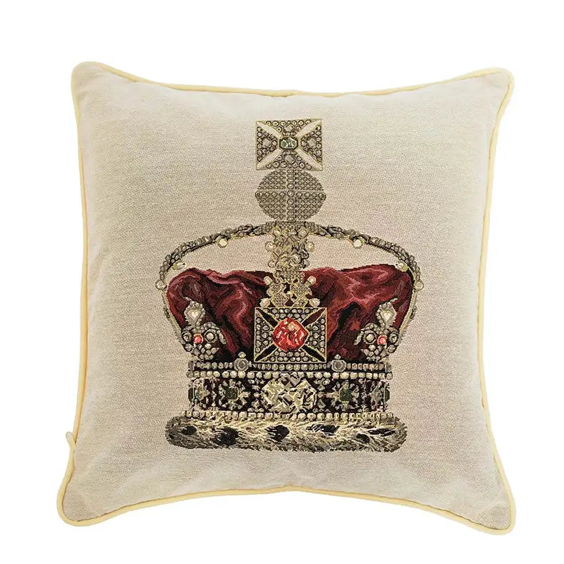 Beige velvet pillow cover with an embroidered baroque crown in red velvet and gemstone accents for elegant decorbites baroque crown decor
