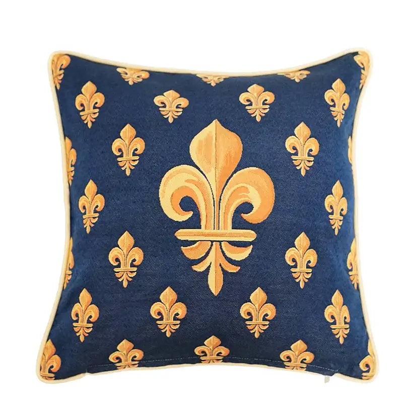 Deep blue pillow cover with gold embroidered fleur-de-lis and cream piping trim for decorbites baroque crown jacquard decor