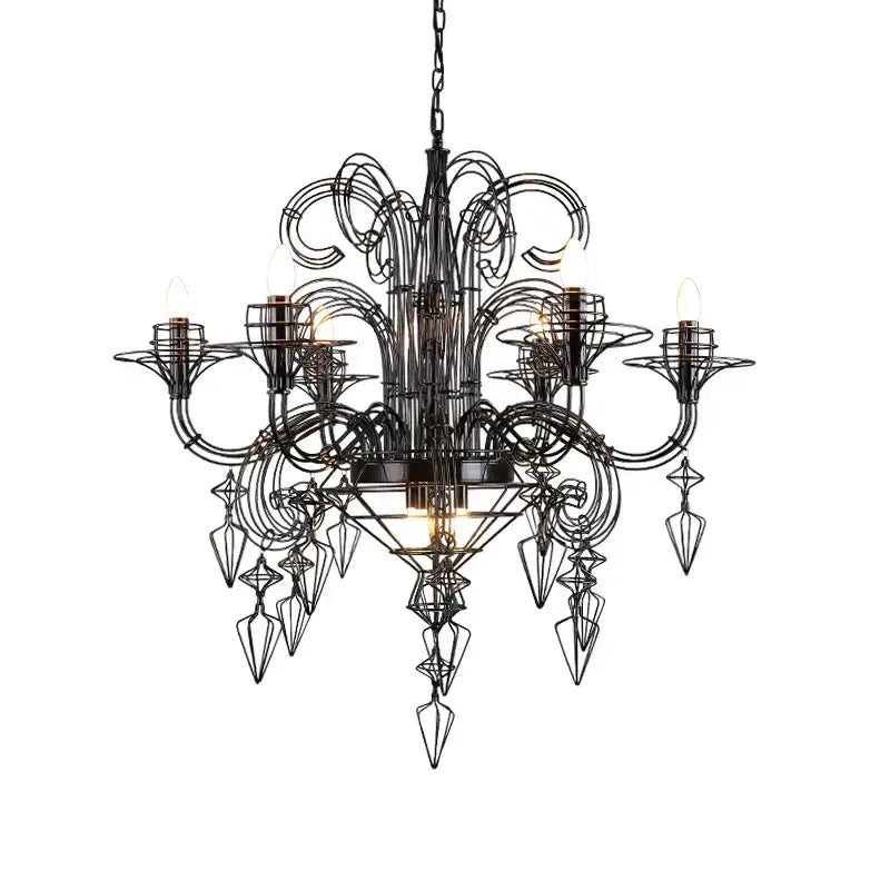 Black wrought iron baroque designer hanging chandelier with intricate swirling wirework and geometric crystal pendants