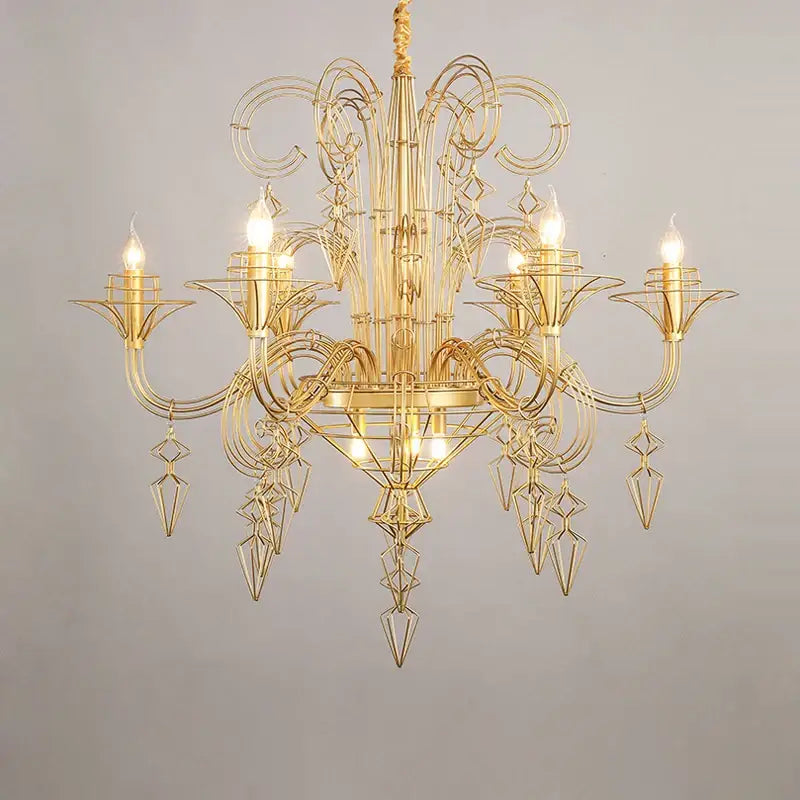 Gold-toned metal baroque designer led chandelier with intricate geometric floral wirework for dining room decorbites baroque designer