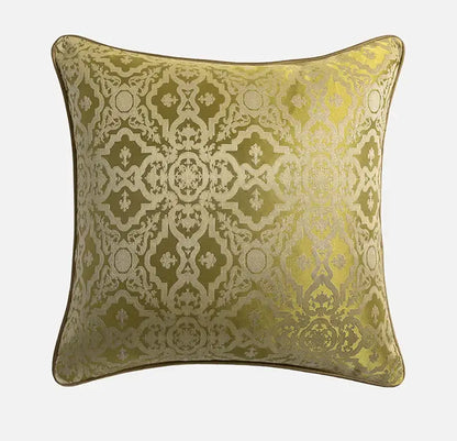Olive green square cushion cover with metallic gold damask baroque floral pattern and matching piping for decorbites baroque floral geometry decor