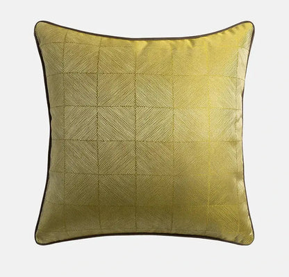 A square olive-green cushion cover with herringbone weave and dark brown piping for decorbites baroque floral decor