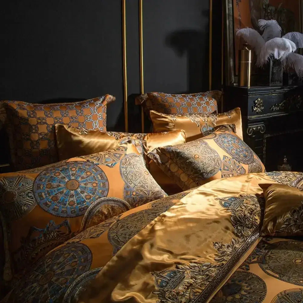 Luxurious gold satin bedding set with intricate blue and brown mandala patterns from decorbites golden jacquard baroque