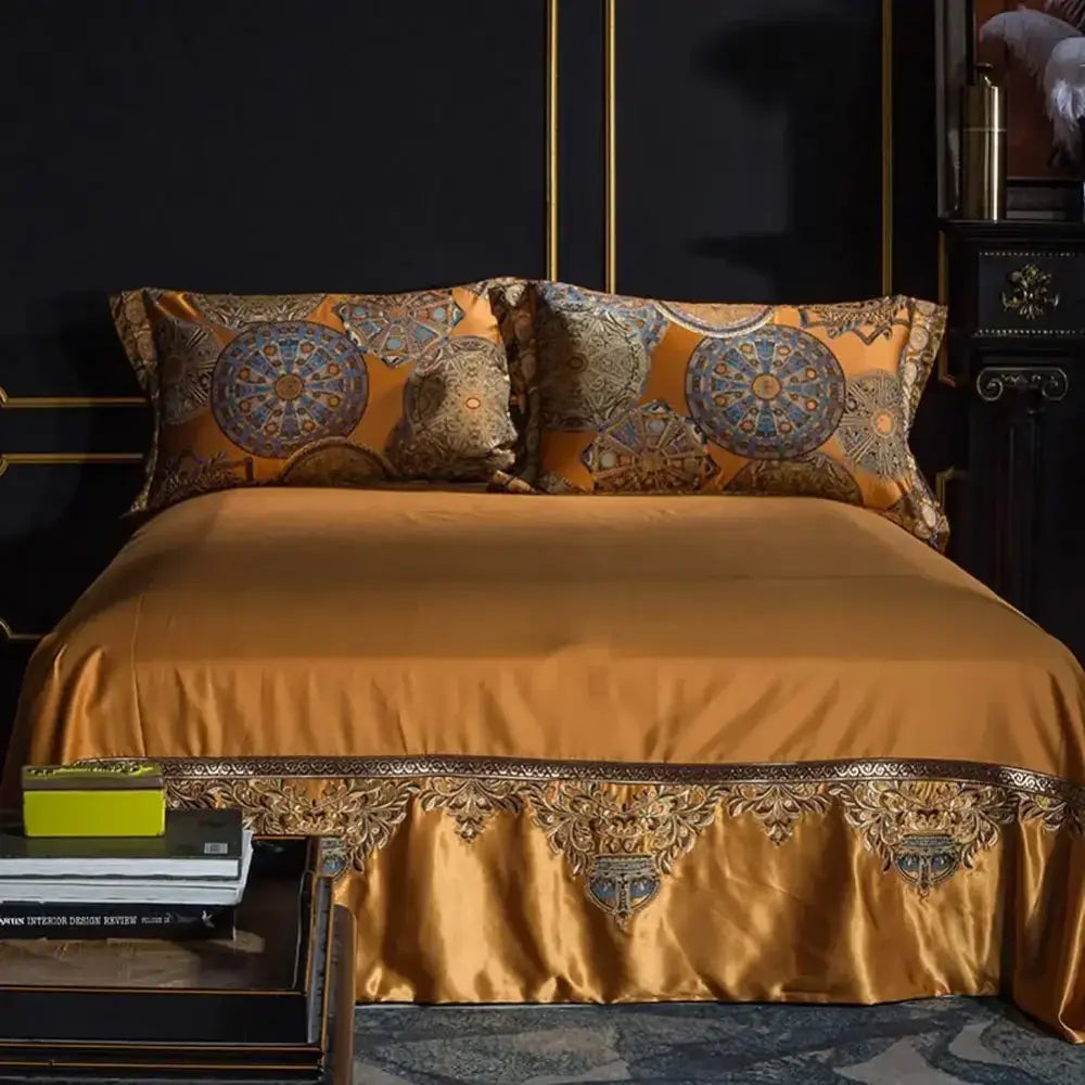Golden jacquard baroque bedding set featuring a satin bedspread with intricate gold and blue embroidered patterns
