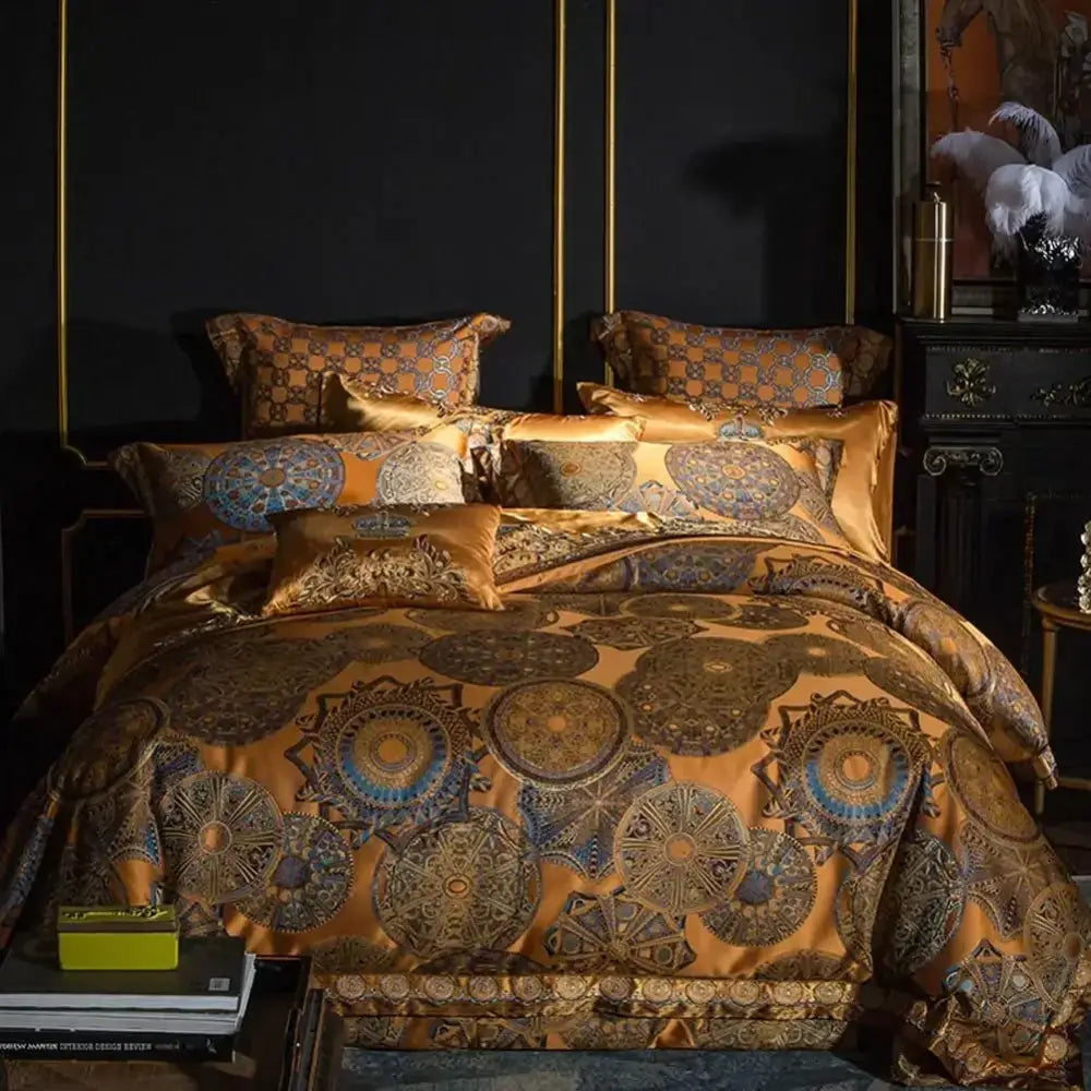 Luxurious gold satin bedding set with intricate blue and brown circular medallion patterns from decorbites golden jacquard baroque collection