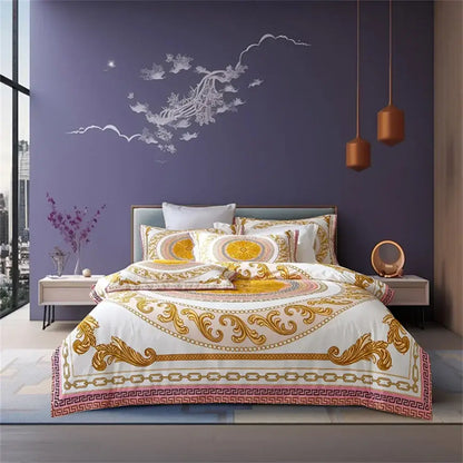 White and gold ornate baroque bedding set with pink trim in 1200tc golden egyptian cotton for luxury decorbites bedroom