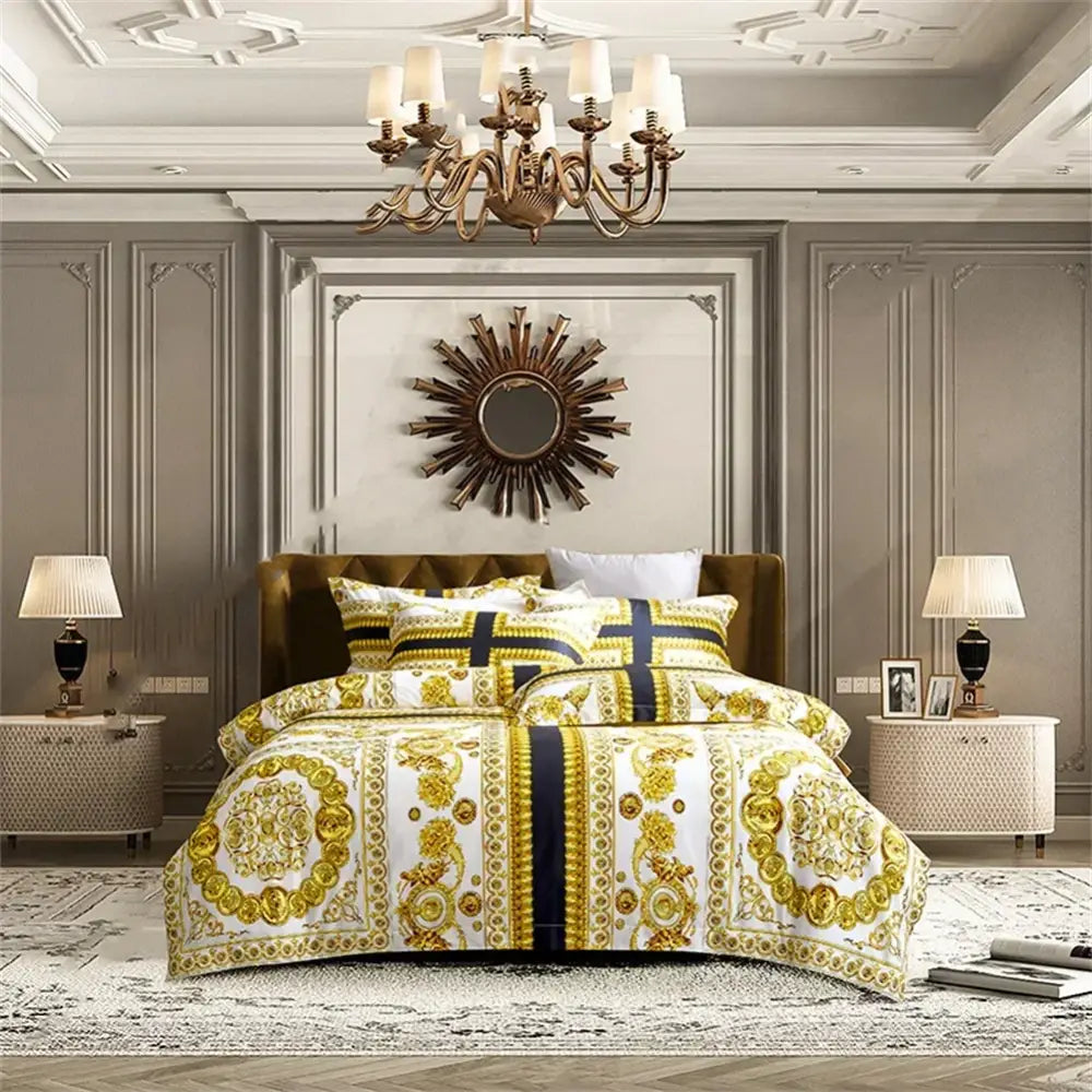Luxury baroque navy and gold bedding set with intricate patterns on 1200tc golden egyptian cotton fabric draped on bed