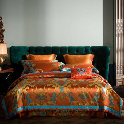 Orchid-colored satin bedding set with gold and turquoise baroque patterns in 200s embroidery cotton fabric