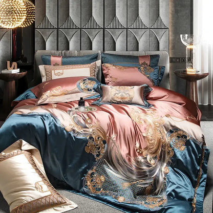 Luxurious satin baroque rose gold and deep teal bedding set with golden embroidery made from 1500tc egyptian cotton