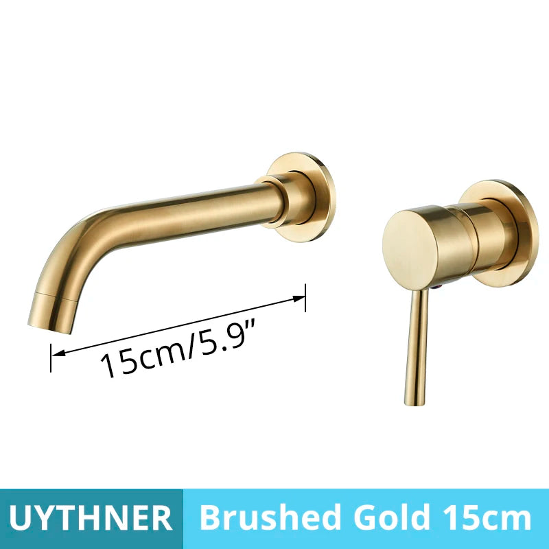 Brushed gold basin faucet wall mounted bathroom set with cold hot water and hot water control in brushed brass finish 15cm