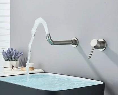Modern brushed nickel wall-mounted basin faucet with curved spout and hot water control flowing into black sink