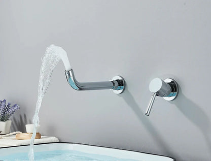 Modern chrome-finished basin faucet wall mounted with curved spout and separate handle for hot water control