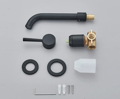 Black matte-finish basin faucet wall mounted bathroom kit with brushed brass finish and hot water control handle