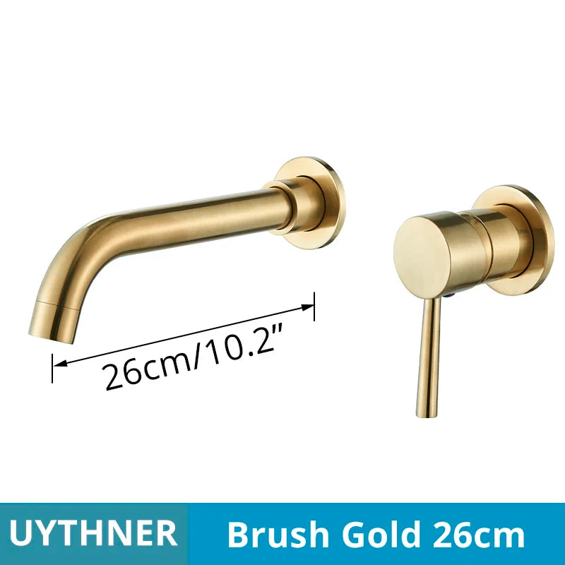 Brush gold wall-mounted basin faucet and handle set 26cm with brushed brass finish and hot water control for bathroom