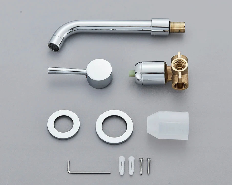 Chrome-finished wall mounted basin faucet with curved spout brass fittings and mounting hardware for hot water control