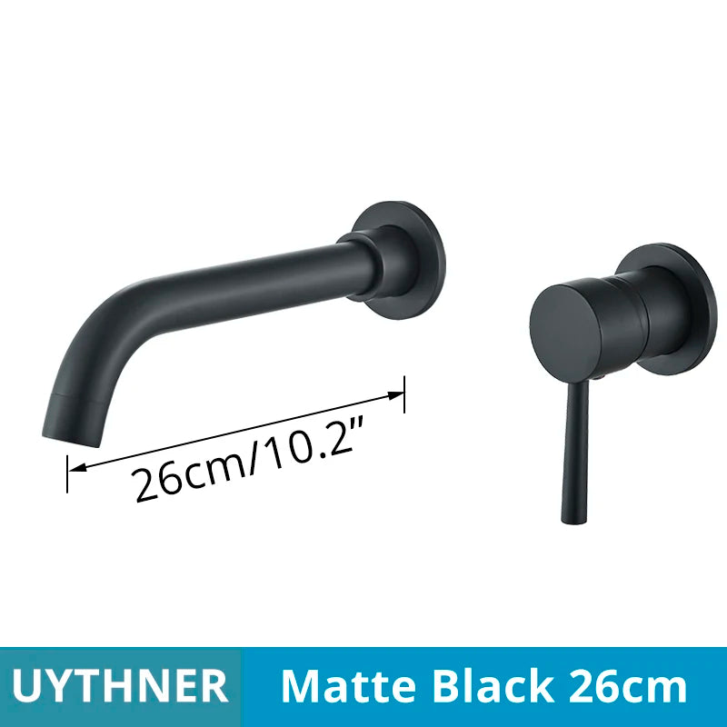 Matte black uythner basin faucet wall mounted set 26cm length with hot water control and brushed brass finish accents