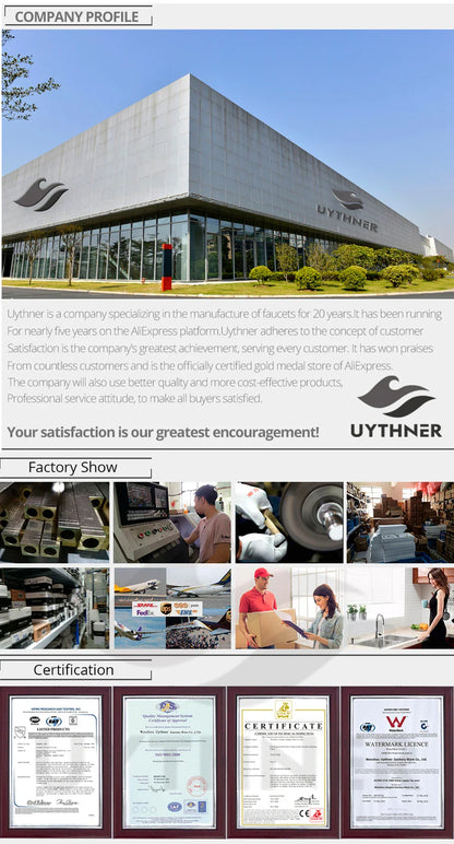 Modern gray industrial building with glass facade and uythner branding showcasing basin faucet wall mounted bathroom with hot water control