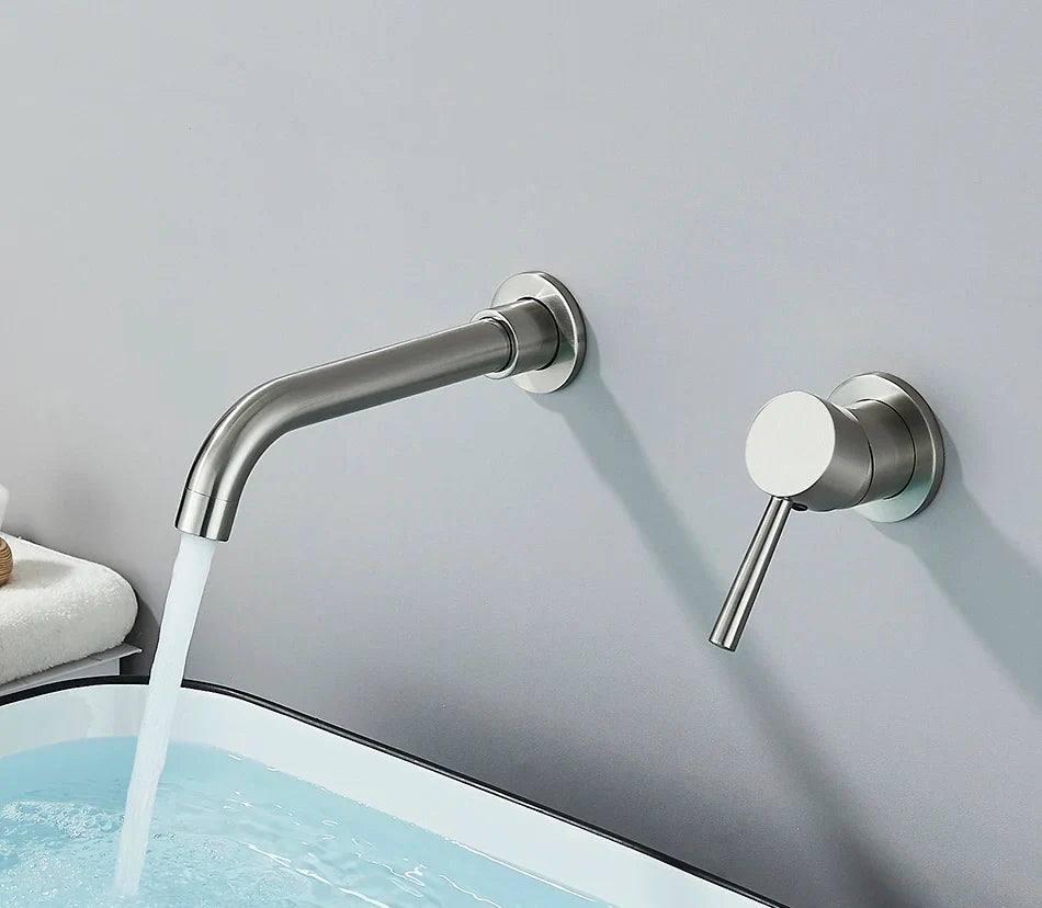 Modern brushed stainless steel basin faucet wall mounted with sleek curved spout and hot water control handle