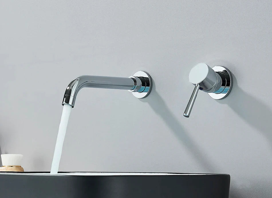 Modern chrome-finished basin faucet wall mounted with sleek curved spout and handle for hot water control and cold hot water use