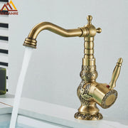 Antique brass basin faucet with ornate engraving single hole design curved spout and separate hot cold handles