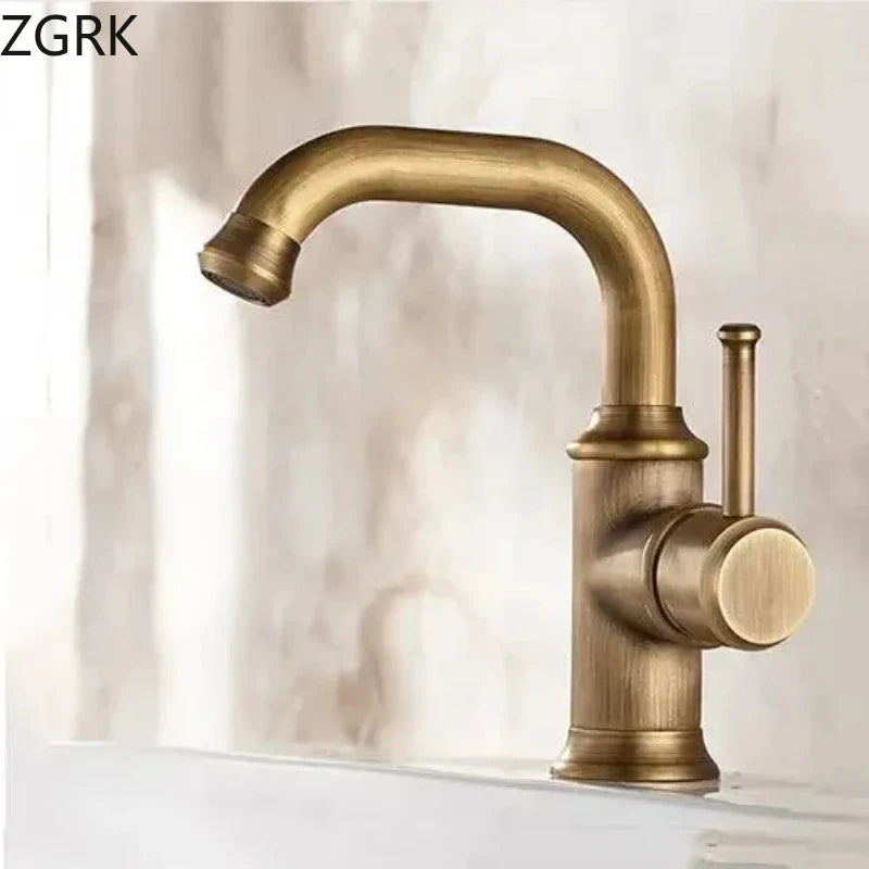 Antique brass-finished single hole basin faucet with cylindrical housing material and cold water mixer tap for bathroom use