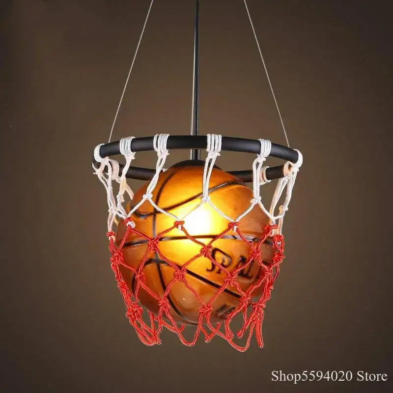 A warm-toned basketball pendant light with red and white netting designed as indoor decorbites basketball pendant lights