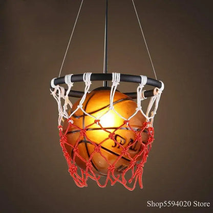 A warm-toned basketball pendant light with red and white netting designed as indoor decorbites basketball pendant lights