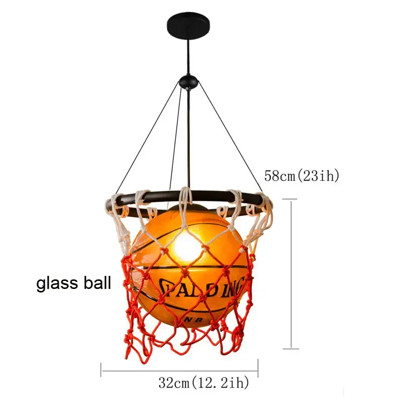 Basketball style pendant light with orange glass basketball and red net black rim decorbites kids bedroom lamp