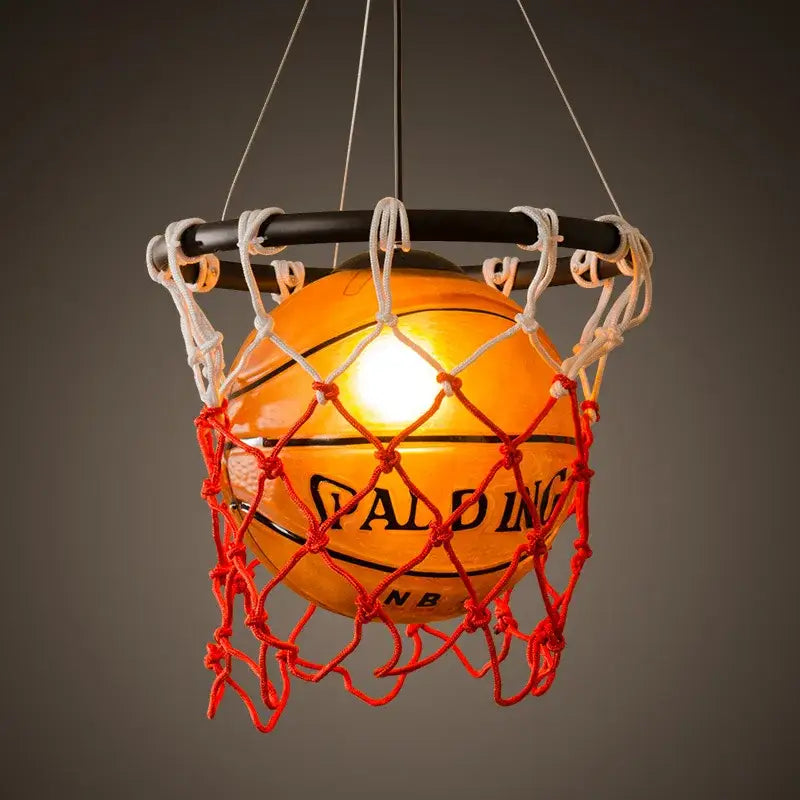 Orange Spalding NBA basketball style pendant light with black rim and red white net for kids bedroom decorbites basketball style lamp