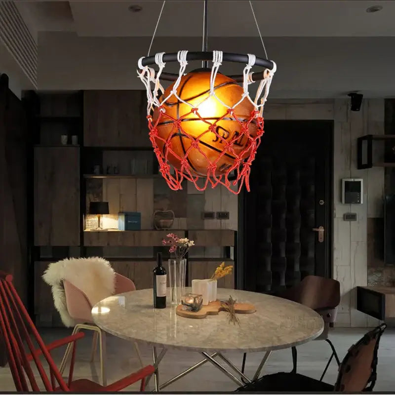 Basketball style pendant light with orange basketball and red white net for kids bedroom decorbites pendant light