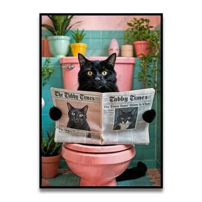 Black cat with yellow eyes on pink toilet holding newspaper themed decorbites™ bathroom cat wall art print