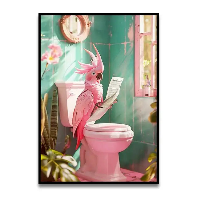 Decorbites™ bathroom cat canvas wall art print featuring a pink parrot on a toilet holding a newspaper art print