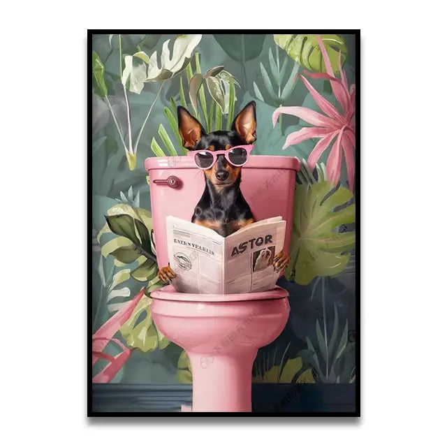 Decorbites™ bathroom cat canvas wall art print featuring a pink toilet with a dog in pink sunglasses reading a newspaper