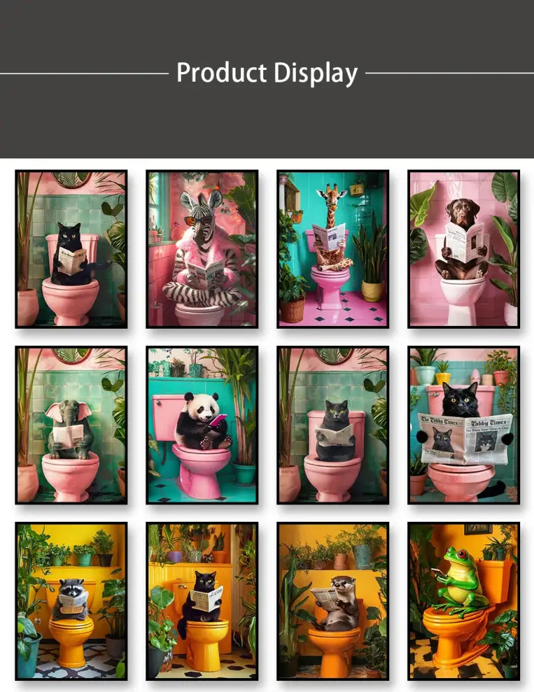 Set of twelve vibrant decorbites™ bathroom cat canvas wall art prints featuring whimsical animals on colorful toilets