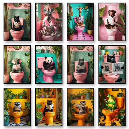 Decorbites™ bathroom cat canvas wall art print featuring whimsical animals reading newspapers on colorful toilets