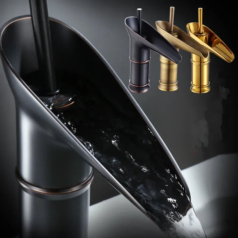 Bathroom faucet antique brass waterfall with black matte finish copper accents deck mounted metered valve control