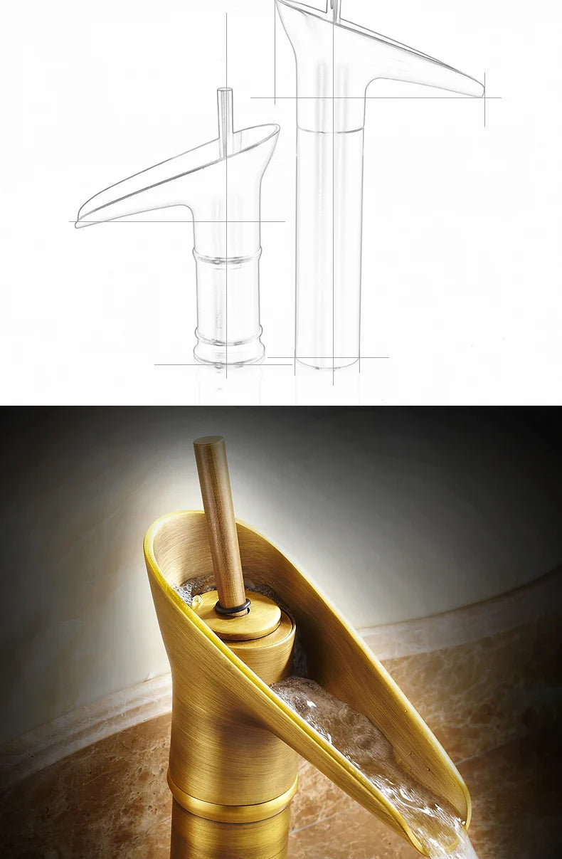 Golden brass bathroom faucet with sleek waterfall spout and deck mounted metered valve control for modern use