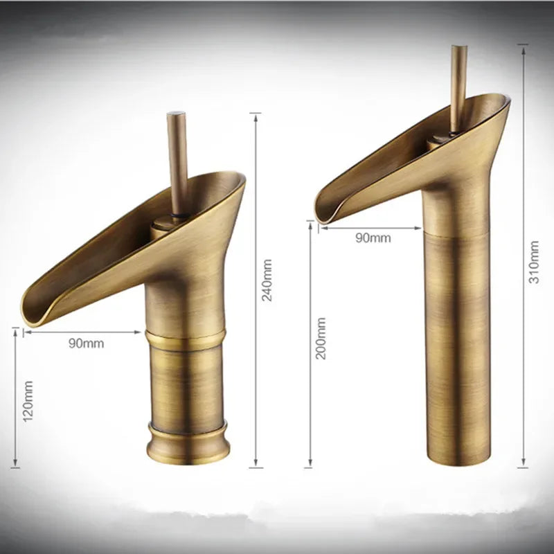 Bathroom faucet antique brass waterfall with deck mounted metered valve control and sleek cylindrical brass base
