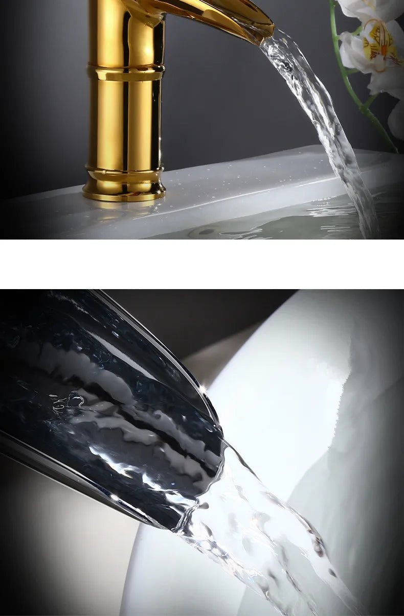 Gold-toned bamboo-style deck mounted bathroom faucet with antique brass finish and metered valve control waterfall design