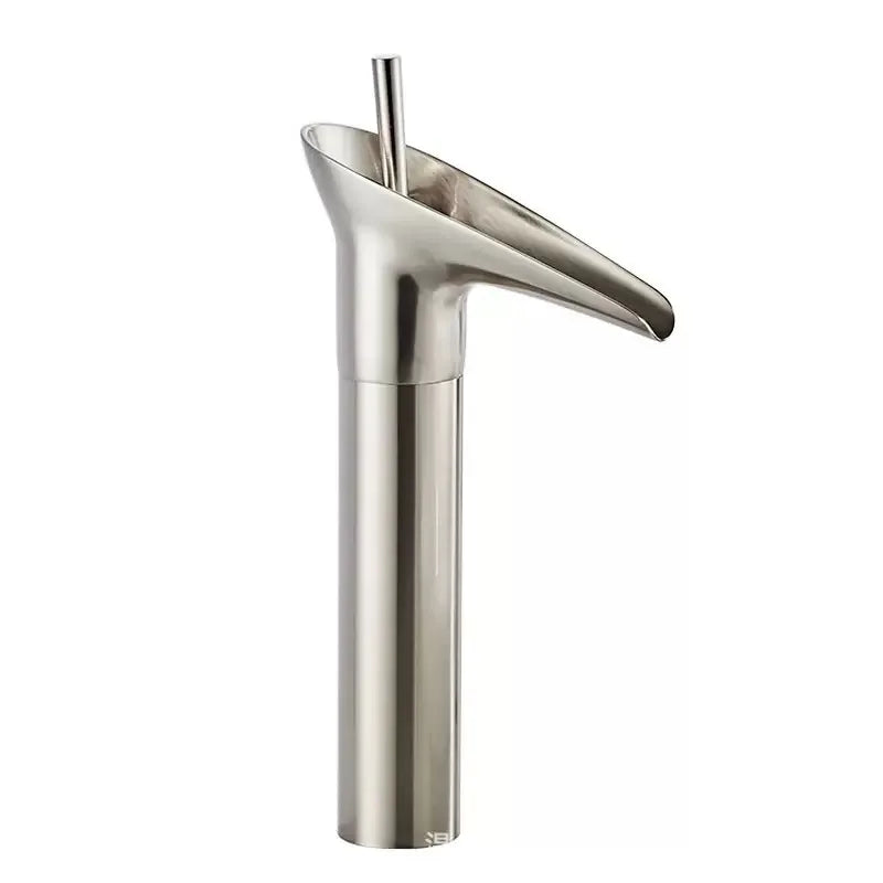 Stainless steel deck mounted waterfall faucet with brushed finish and metered valve control for bathroom use