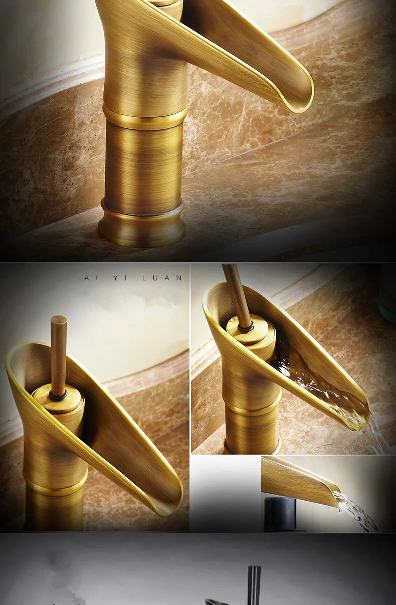 Bathroom faucet antique brass waterfall with deck mounted metered valve control and a sleek cylindrical base design