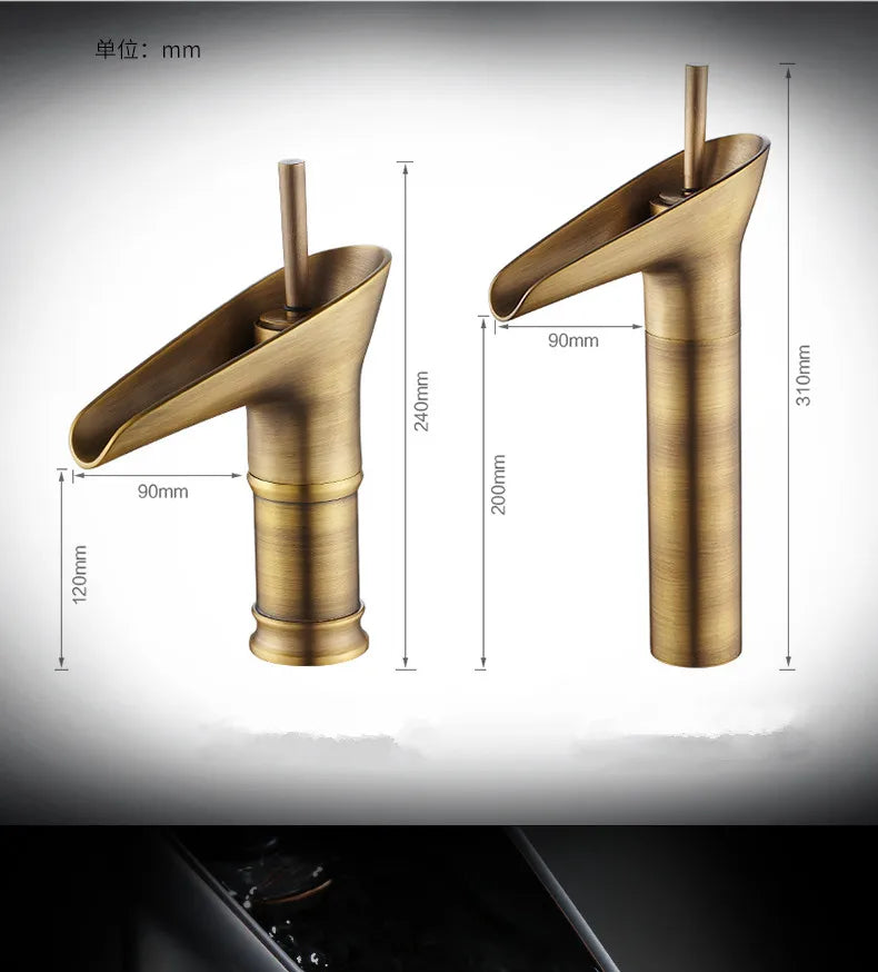 Antique brass bathroom faucet with waterfall spout deck mounted featuring sleek cylindrical base and metered valve control