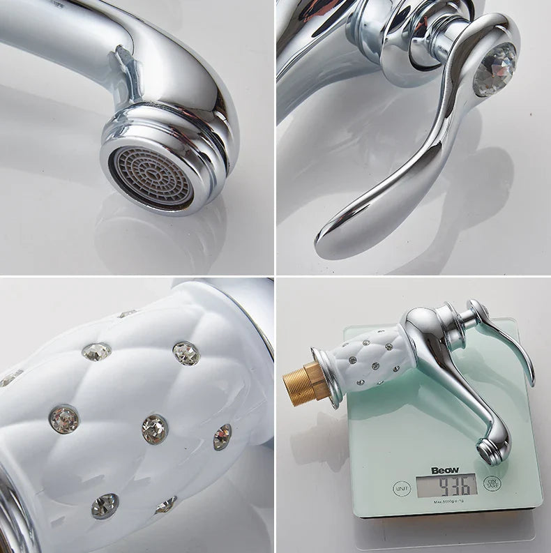 Bathroom faucet with chrome finish featuring a white quilted ceramic spout and decorative crystal knob with bronze finish