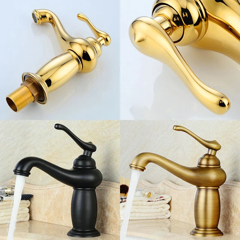 Gold and black vintage-style bathroom faucets with a polished bronze finish and metallic accents for antique design